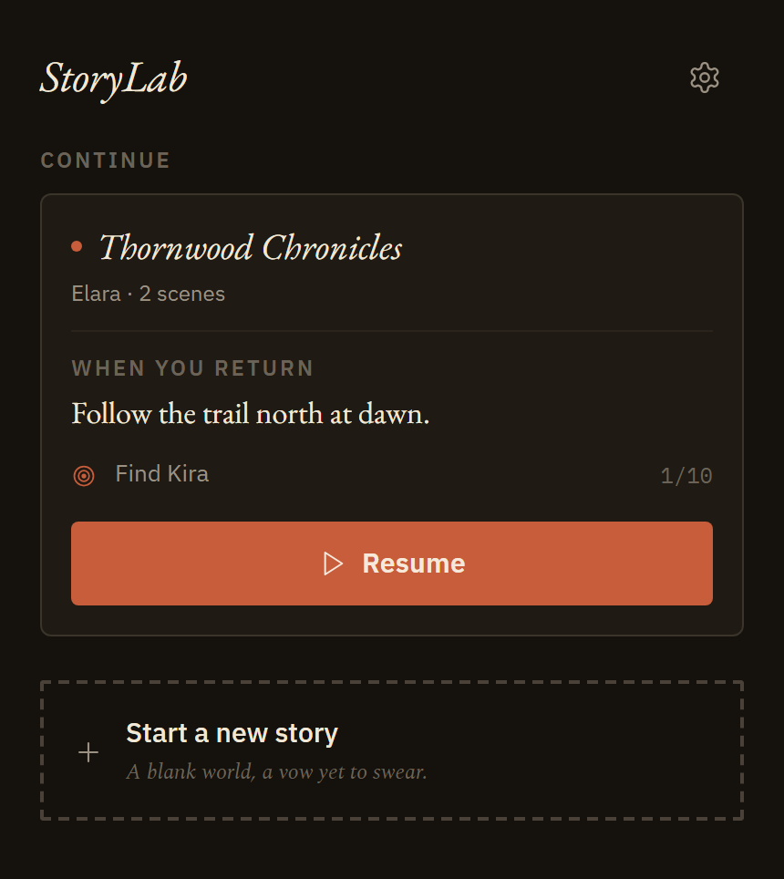 StoryLab's resumption screen, showing a campaign's recap and pinned vow so a player can pick up exactly where they left off