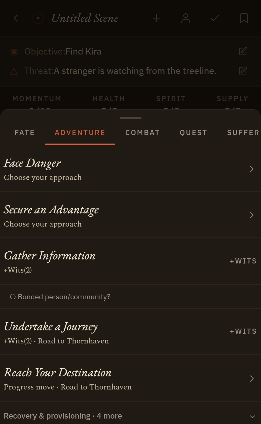 StoryLab's Move Selector open over the active scene, showing the list of available Ironsworn moves