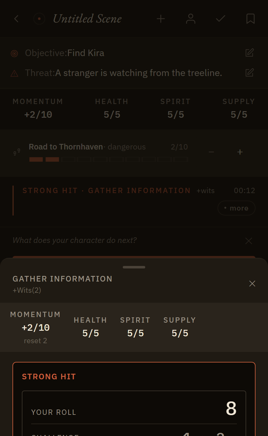 StoryLab's Roll Result sheet showing a strong hit on Gather Information, with the raw dice and momentum change