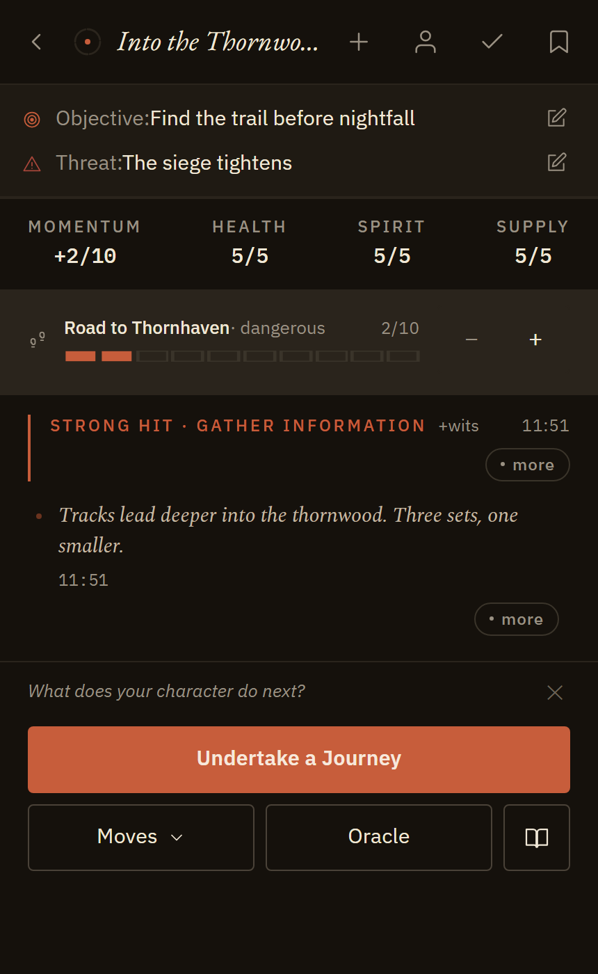 StoryLab's active scene screen, showing stats, an inline progress track, and a strong hit move outcome