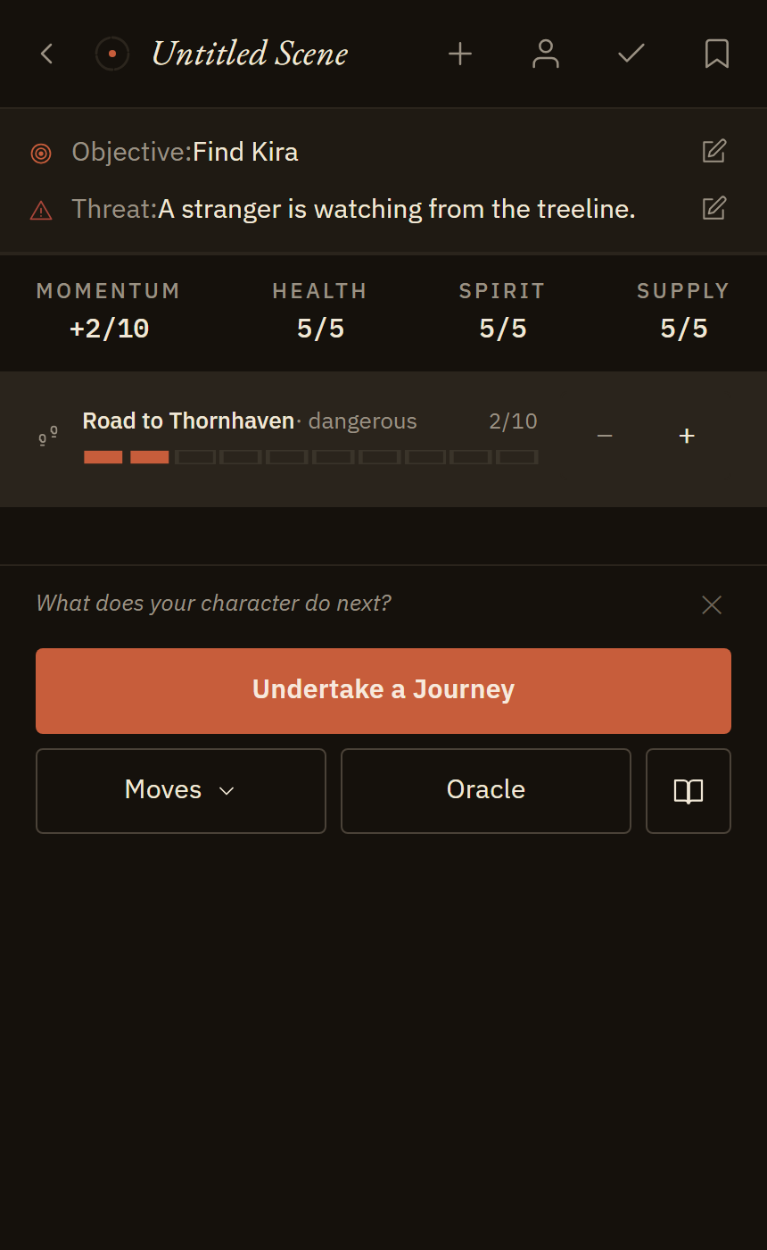 StoryLab's active scene screen, showing the objective, threat, and scene feed with the action bar ready for the player's next beat